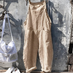 Simon | Unisex Vintage Gestreifter Loose-Fit Latzhosen Overall in Hellbraun