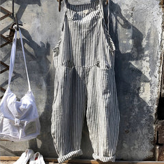 Simon | Unisex Vintage Gestreifter Loose-Fit Latzhosen Overall in Grau