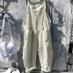 Simon | Unisex Vintage Gestreifter Loose-Fit Latzhosen Overall in Grün