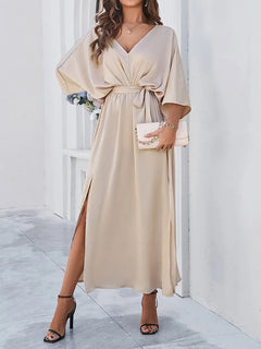 Maja | Damen Elegantes Satin Wickelkleid mit Seitenschlitz in Beige