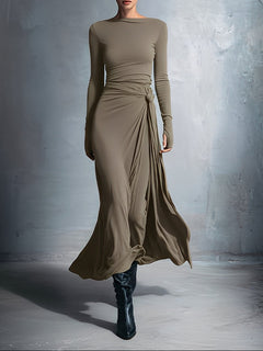 Laura | Damen Elegant Drapiertes Langarm Maxikleid in Khaki