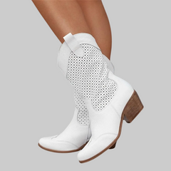 Valentina | Damen Perforierte Blockabsatz Cowboystiefel in Weiß
