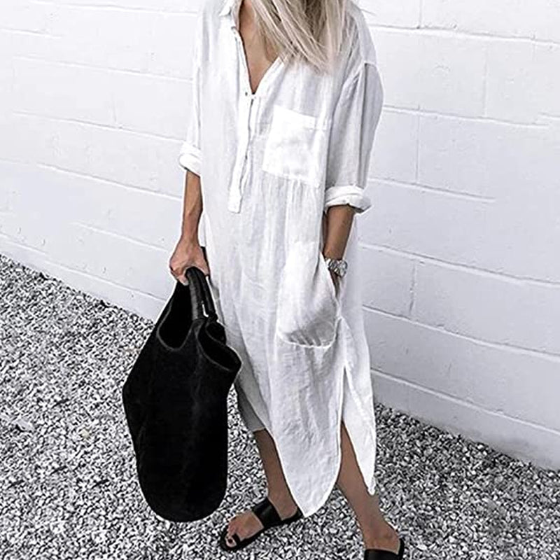 Leinen-Hemdkleid mit Taschen für Damen