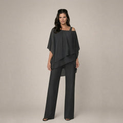 Valeria | Damen Asymmetrisches Oberteil Wide Leg Hosen Set in Schwarz