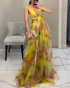 Valeria | Damen Maxikleid Floral Elegant Fließend in Gelb