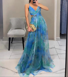 Valeria | Damen Maxikleid Floral Elegant Fließend in Blau