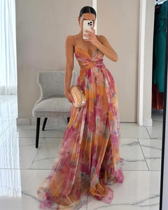 Valeria | Damen Maxikleid Floral Elegant Fließend in Orange