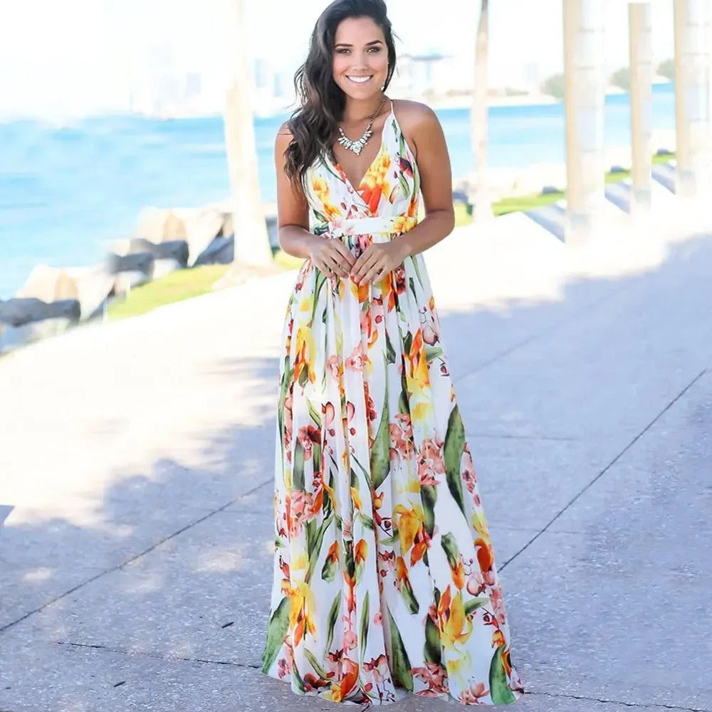 Damen Floral Boho Maxi Sommerkleid