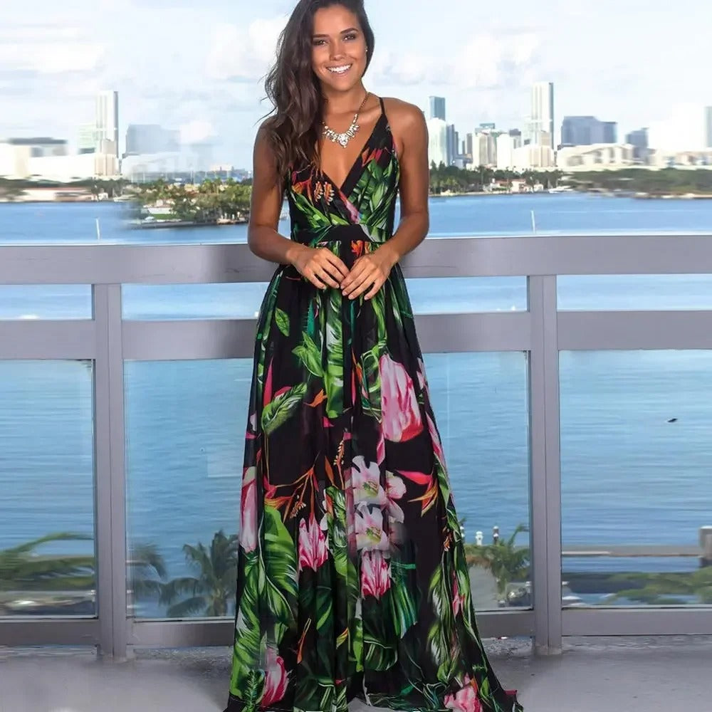 Damen Floral Boho Maxi Sommerkleid
