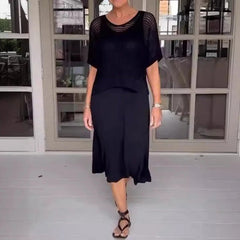 Nadine® | Set aus Durchbrochenem Strickoberteil und Midikleid in Schwarz