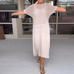 Nadine® | Set aus Durchbrochenem Strickoberteil und Midikleid in Beige
