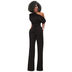 Veronica | Damen One Shoulder Weites Bein Jumpsuit in Schwarz