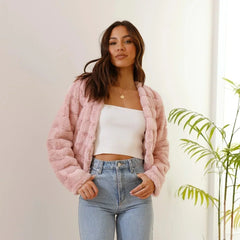 Vera | Damen Kurze Kunstfell Übergangsjacke Offener Kragen – Kunstfell Jacke 2026 in Rosa