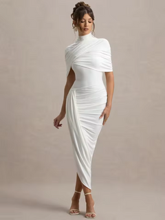 Taylor - Asymmetrisches, Gedrehtes Maxikleid mit Cape in WEISS