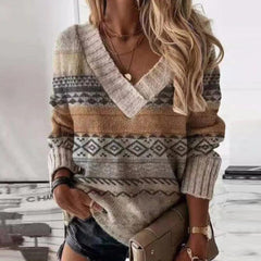 Warmer Strickpullover mit V-Ausschnitt für Frauen - Elvira in Braun