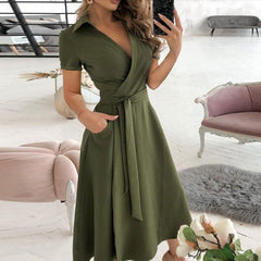 Damen Sommer-Midikleid mit Gürtel in Armee grün