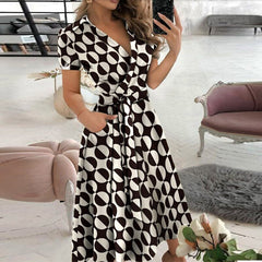 Damen Sommer-Midikleid mit Gürtel in Schwarz Weiß