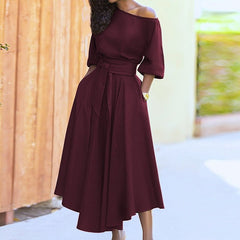 Damen Sommer-Midikleid mit Gürtel in Rosa Rot