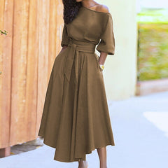 Damen Sommer-Midikleid mit Gürtel in Khaki