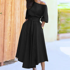 Damen Sommer-Midikleid mit Gürtel in Schwarz