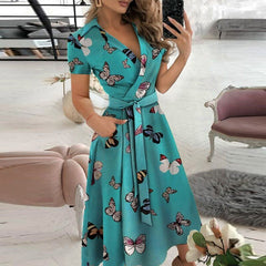 Damen Sommer-Midikleid mit Gürtel in Blau