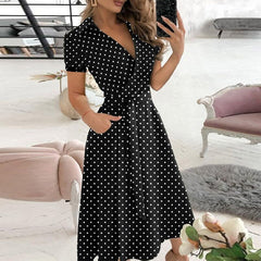 Damen Sommer-Midikleid mit Gürtel in Polka-Punkte