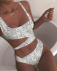 Damen Sommer-Einteiler-Badeanzug mit Push-Up und Cutout-Stil in Schwarz Gepunktet