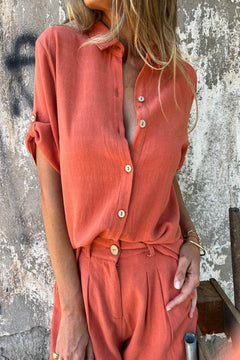 Leinen Kurzarmhemd und Shorts Set für Damen in Orange