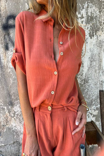 Leinen Kurzarmhemd und Shorts Set für Damen