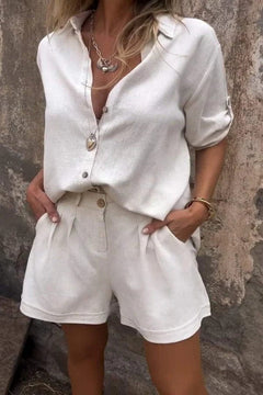 Leinen Kurzarmhemd und Shorts Set für Damen in Weiß
