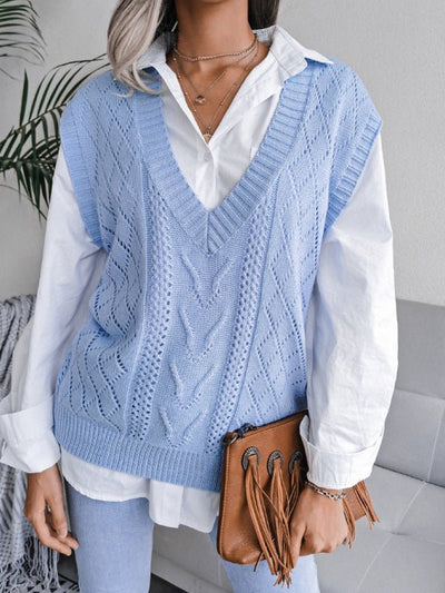 Vega® | Damen Strickpullover mit ausgehöhltem Frittiertem Teig und V-Ausschnitt