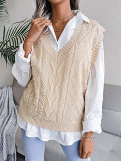 Vega® | Damen Strickpullover mit ausgehöhltem Frittiertem Teig und V-Ausschnitt in Cracker-Khaki