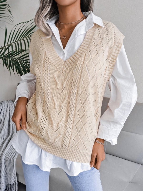 Vega® | Damen Strickpullover mit ausgehöhltem Frittiertem Teig und V-Ausschnitt