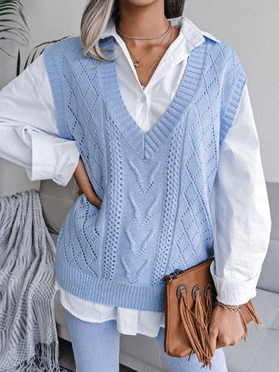Vega® | Damen Strickpullover mit ausgehöhltem Frittiertem Teig und V-Ausschnitt