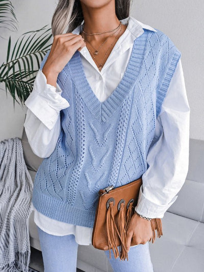Vega® | Damen Strickpullover mit ausgehöhltem Frittiertem Teig und V-Ausschnitt