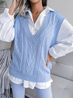 Vega® | Damen Strickpullover mit ausgehöhltem Frittiertem Teig und V-Ausschnitt in Blau