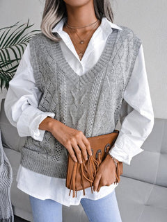 Vega® | Damen Strickpullover mit ausgehöhltem Frittiertem Teig und V-Ausschnitt in Grau