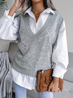 Vania® | Lässiger Strickpullover mit V-Ausschnitt und hohlen Diamanten für Damen in Grau