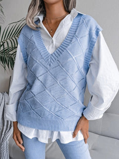Vania® | Lässiger Strickpullover mit V-Ausschnitt und hohlen Diamanten für Damen in Blau