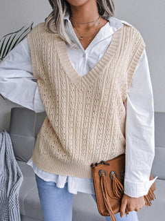 Valerie® | Damen V-Ausschnitt Hohl-Out Fried Dough Pullover Lässige Strickweste in Cracker-Khaki