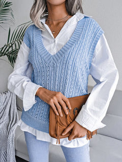 Valerie® | Damen V-Ausschnitt Hohl-Out Fried Dough Pullover Lässige Strickweste in Blau