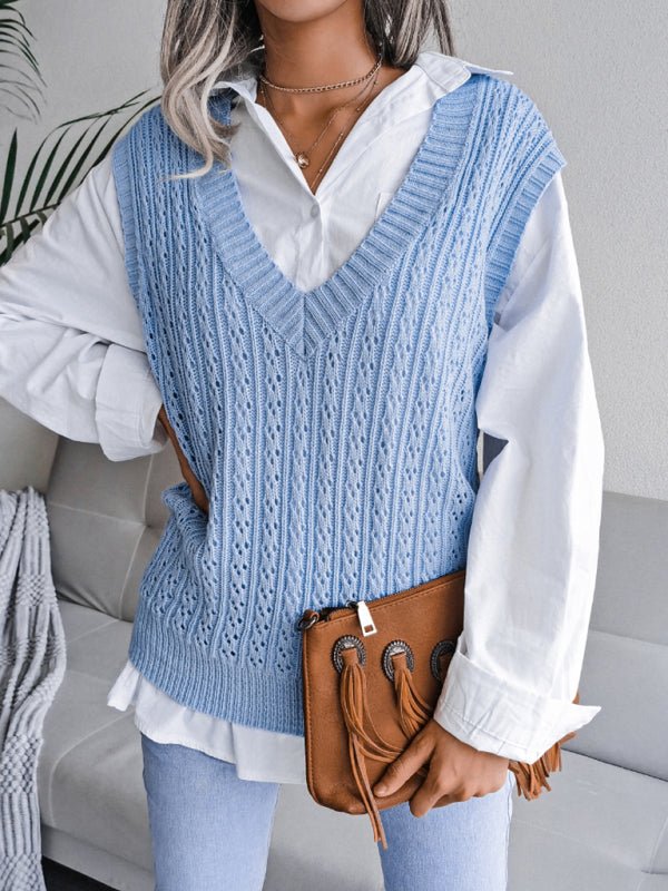 Valerie® | Damen V-Ausschnitt Hohl-Out Fried Dough Pullover Lässige Strickweste