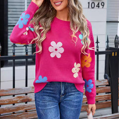 Aislin | Lässiger Blumengehäkelter Pullover in rosa-rot