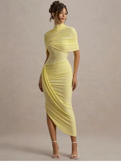 Taylor - Asymmetrisches, Gedrehtes Maxikleid mit Cape in GELB