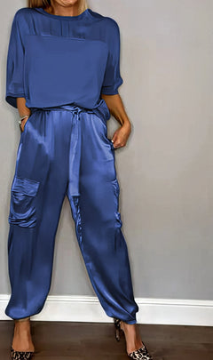 Amelia | Zwei-Teile Set mit Bluse und Cargo-Hose, Chic in Blau