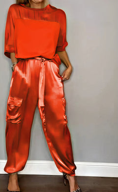 Amelia | Zwei-Teile Set mit Bluse und Cargo-Hose, Chic in Orange