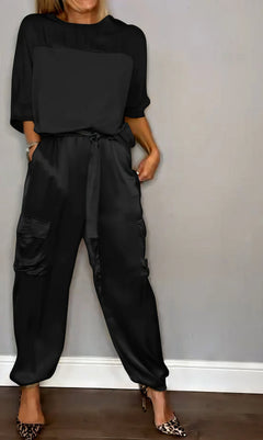 Amelia | Zwei-Teile Set mit Bluse und Cargo-Hose, Chic in Schwarz