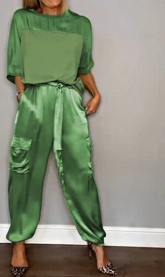 Amelia | Zwei-Teile Set mit Bluse und Cargo-Hose, Chic in Grün