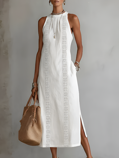 Zenobia | Damen Ärmeloses Midikleid mit Stehkragen in Weiß